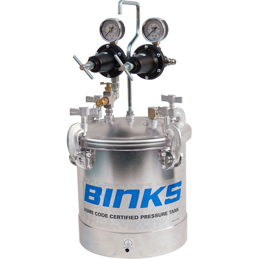 BINKS 2.8GAL ZINC PRESSURE POT 2 REGULATORS, NO AGITATOR