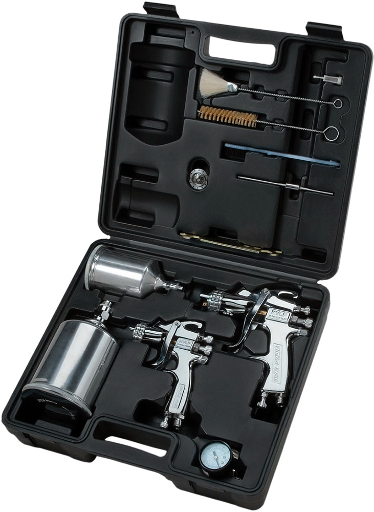 BINKS SV50 HVLP SPRAY GUN KIT,
GRAVITY. 2 HVLP Gravity Guns,
1.0, 1.3 &amp; 1.8 mm Fluid Nozzle
and Needles, BRUSHES AND CASE